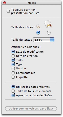 Options de présentation pour la vue par liste