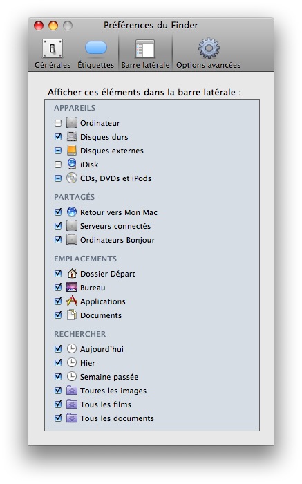 Préférences de la Barre latérale du Finder