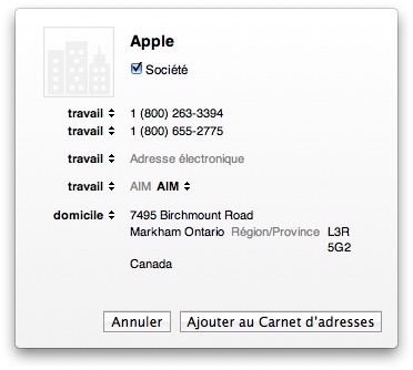 Panneau pour l'ajout d'un contact de Mail