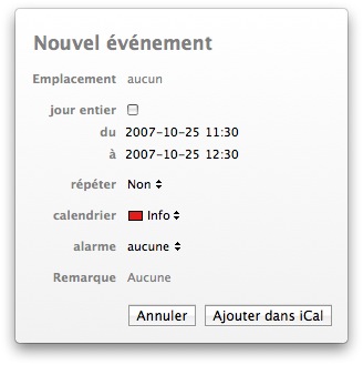 Panneau pour l'ajout d'un événement de Mail