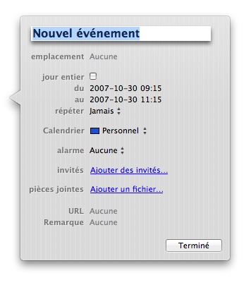 Panneau d'édition d'événement de iCal